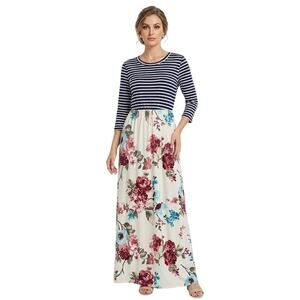 EGS  Floral & Stripes Maxi Dress Nautical Boho-Chic Lightweight Large
